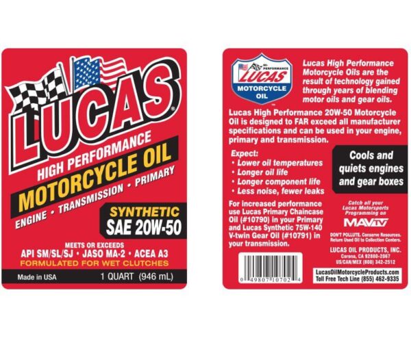 Lucas Oil Synthetic 20W50 Quart(946 ml) - Lucas Oil