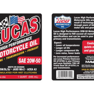 Lucas Motorcycles Oil SAE 20W50 Quart (946ml) - Lucas Oil