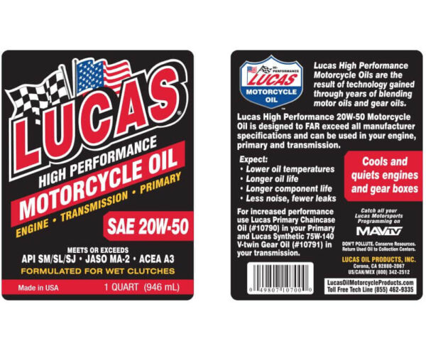 Lucas Motorcycles Oil SAE 20W50 Quart (946ml) - Lucas Oil